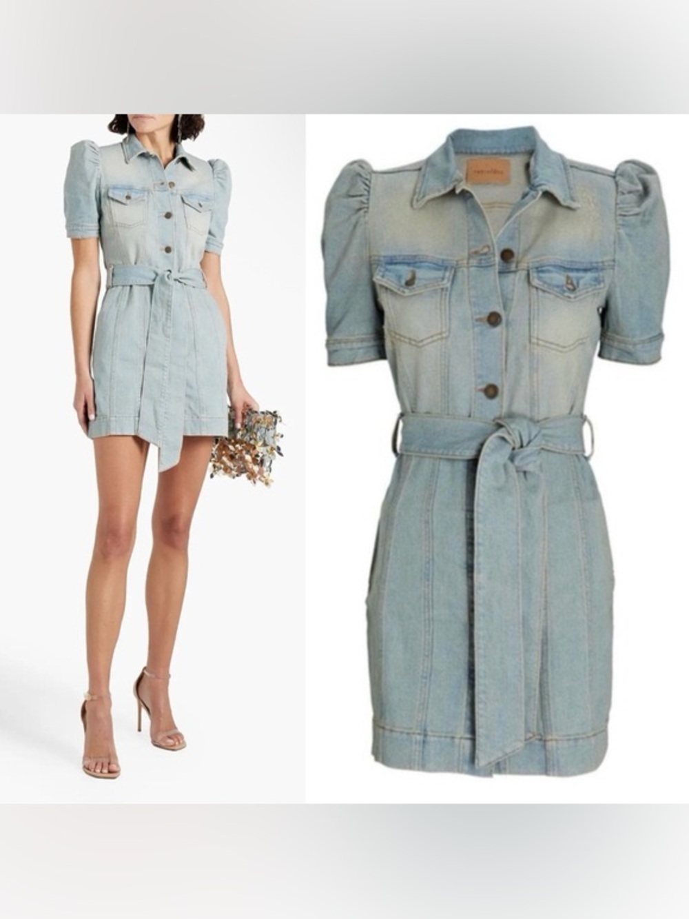 Retrofete Light Wash Denim Mini Dress with Tie Belt